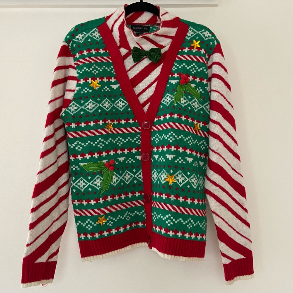 Blizzard Bay Sweater Mens M Red White Ugly Christmas Bow Tie Fair Isle Sparkly